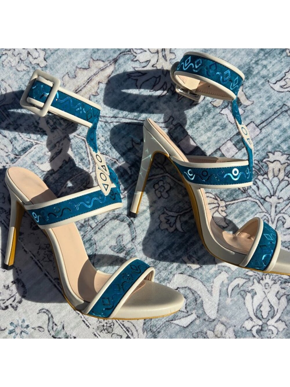 Y2K Deadstock Teal And Cream Strappy Ankle Strap Stiletto Heels Sandals Size 9